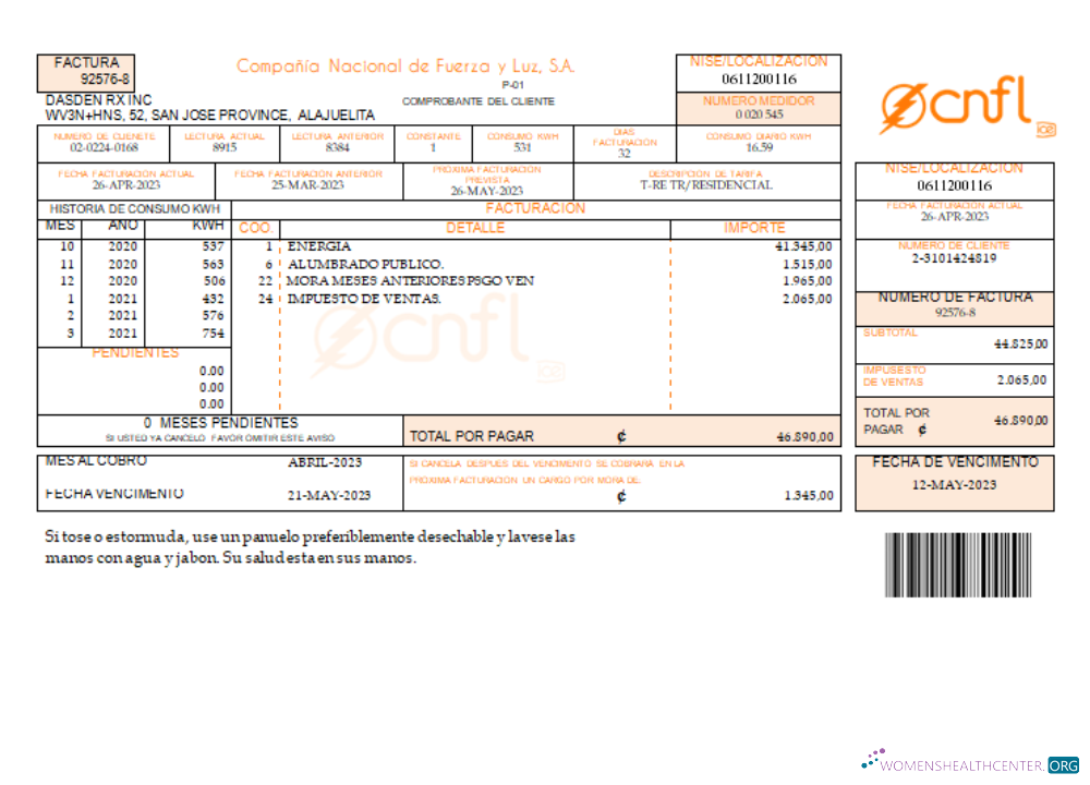 Download Compañía Nacional de Fuerza y Luz, S.A. (CNFL) utility business bill, SCR Photoshop template
